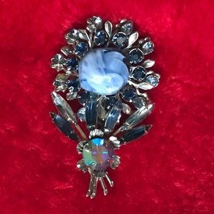 Vintage Blue and Silver Multi Stone Flower Brooch
